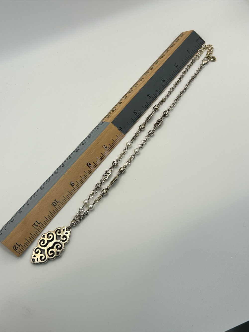Brighton Geneva Pendant Necklace Silver Plated Faux Pearls Faded Gold Tone 20" - Picture 8 of 10